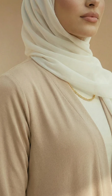 Soft neutral fabric and collar detail on Bareeq beige modest kimono