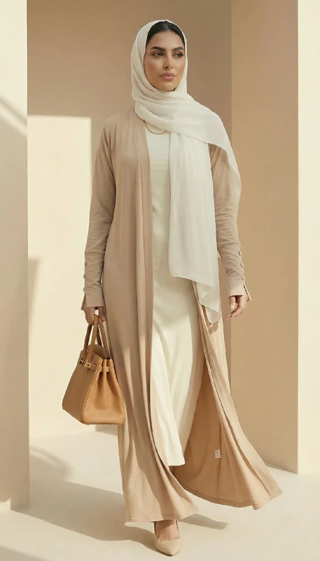 Full length Bareeq beige kimono styled for refined modest daywear UAE