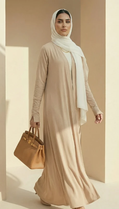 Bareeq neutral luxury kimono styled for elegant daytime wear in Dubai
