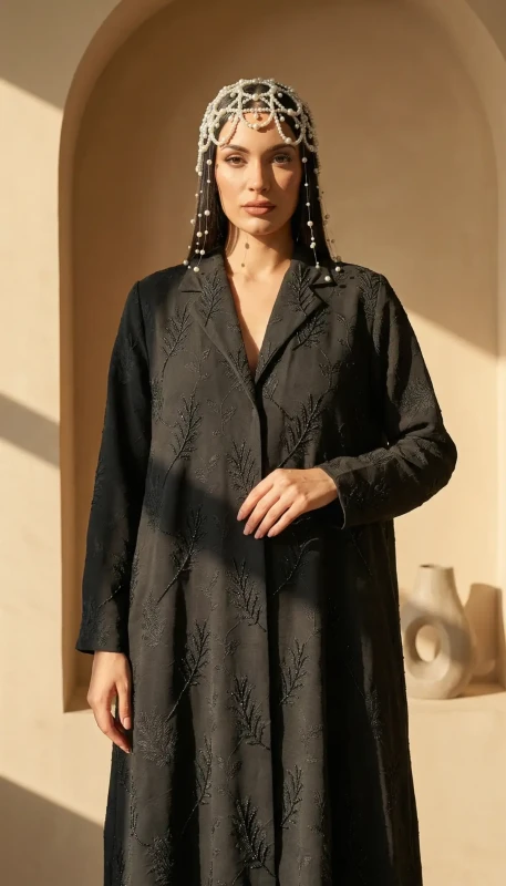 Front embroidery detailing on black luxury kimono abaya - handcrafted finish UAE