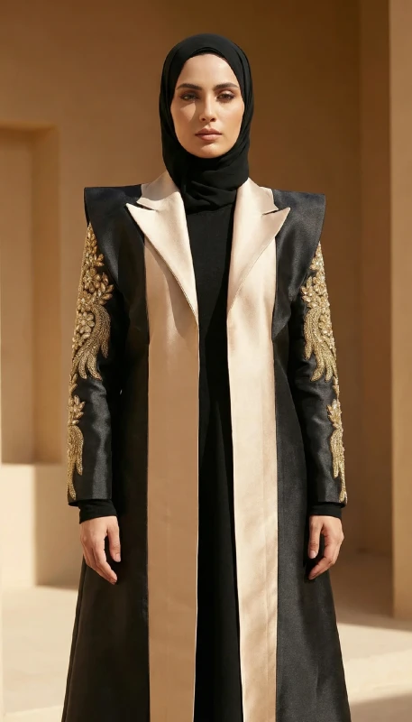 Structured black and gold Arab luxury kimono with modest silhouette UAE