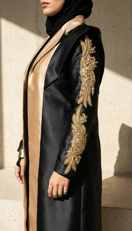 Gold embroidered sleeve detail on black luxury kimono - Arab craftsmanship UAE