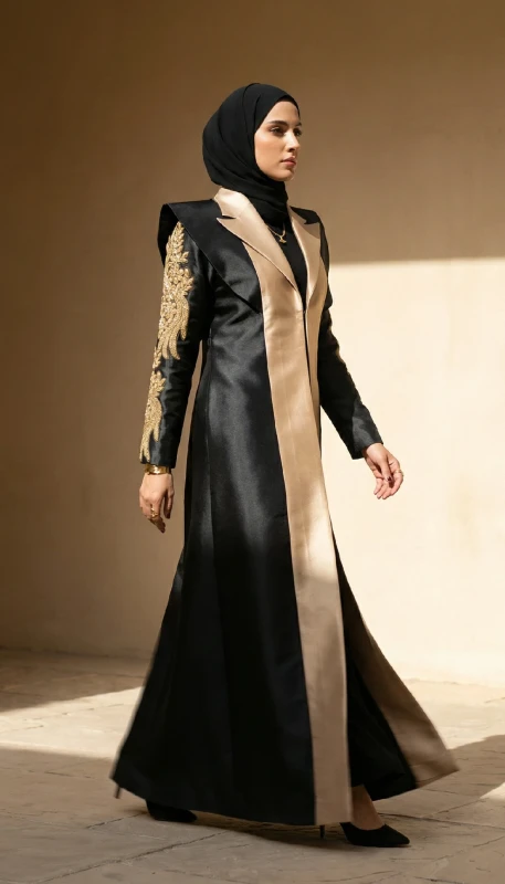 Full length black and gold embroidered kimono styled for formal evening in Dubai