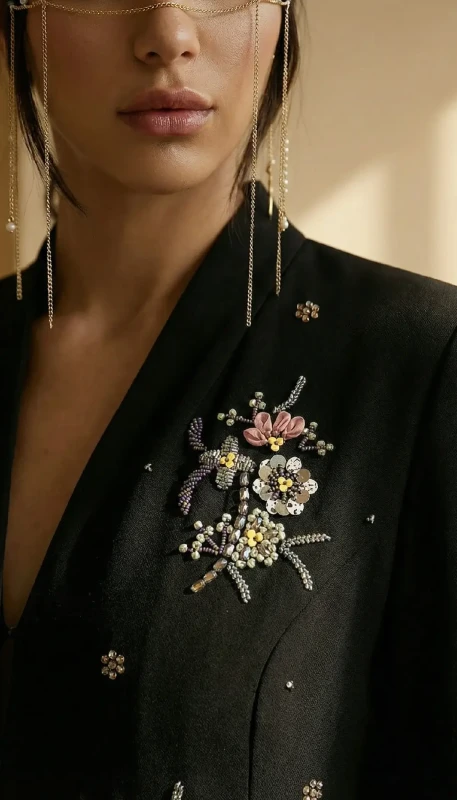 Floral embroidery detailing on Elara black luxury kimono - handcrafted in Dubai
