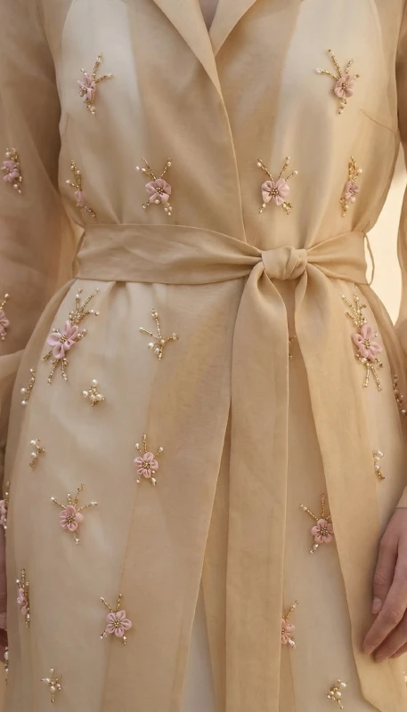 Fleuré Upper embroidered open abaya in champagne chiffon with 3D pink floral motifs and self-tie belt