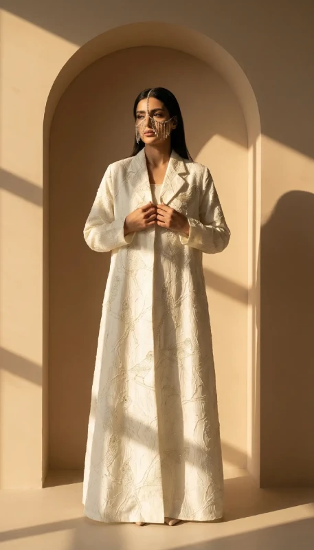 Front detailing of Finch embroidered long ivory kimono - handcrafted modest fashion