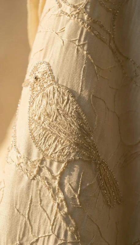 Refined collar and lapel detailing on Finch ivory embroidered kimono