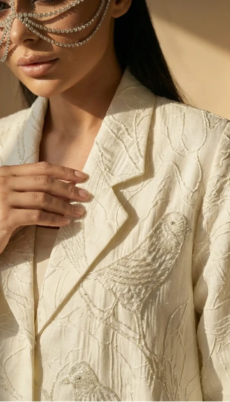 Sleeve embroidery detailing on Finch ivory luxury kimono