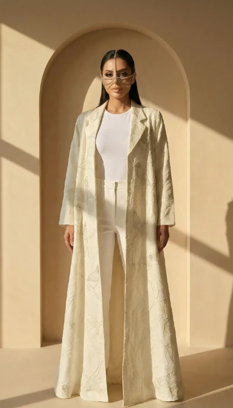 Full length Finch ivory embroidered statement kimono for women UAE