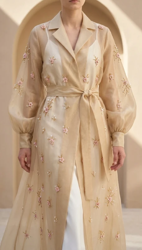 Fleuré Upper floral embroidered open abaya with balloon sleeves and self-tie waist belt in chiffon fabric