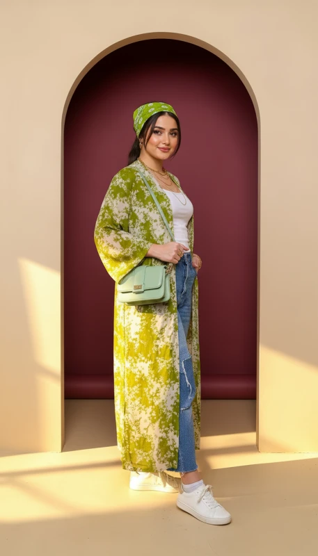 Floral green kimono layered over white top and denim - everyday modest wear UAE