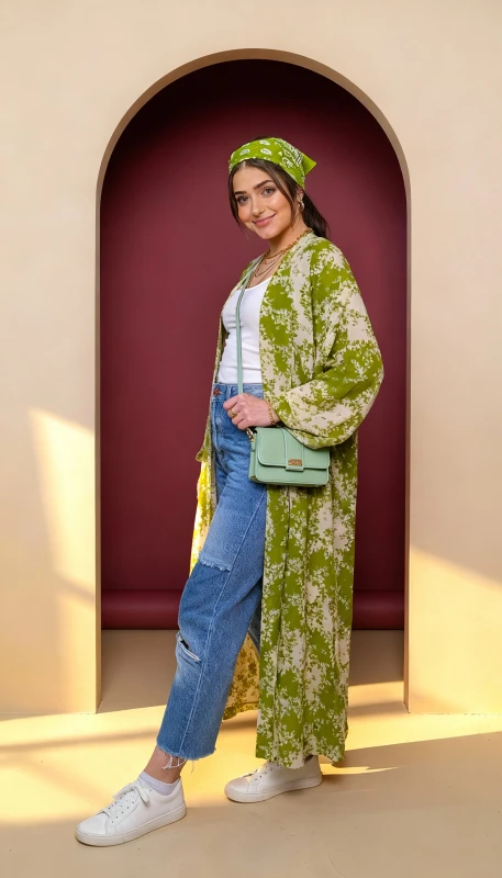 Green floral long kimono for women styled with jeans - casual modest fashion Dubai