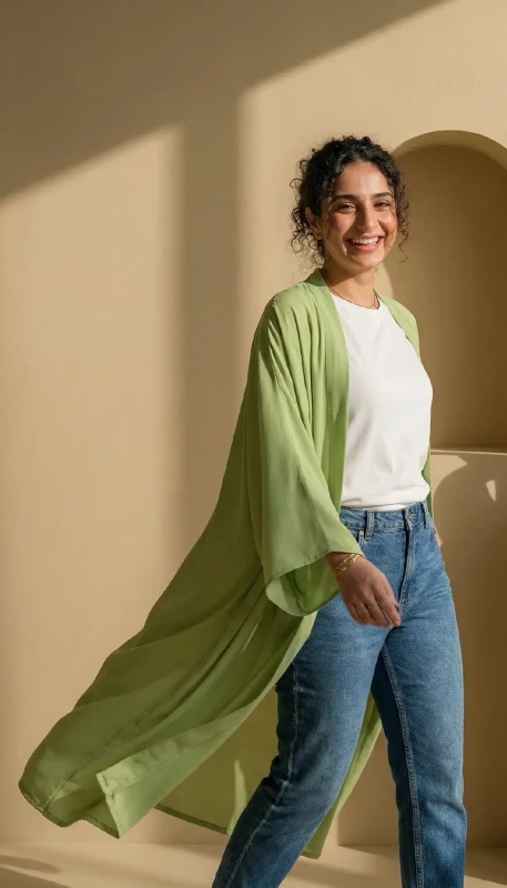 Green long kimono layered over jeans and white top - casual modest outfit Dubai