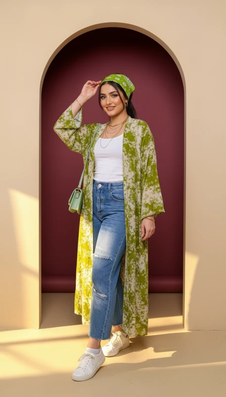Green printed kimono styled casually with sneakers and crossbody bag Dubai