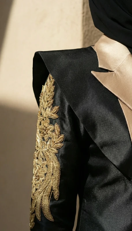 Hand stitched gold embroidery detail on black Arab luxury kimono