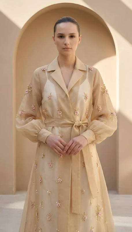 Luxury embroidered chiffon abaya with lapel collar and 3D pink floral embellishments – Shaz Fleuré Upper