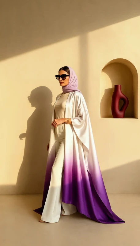 Luxury ombre silk kimono styled over white outfit - contemporary modest wear Dubai