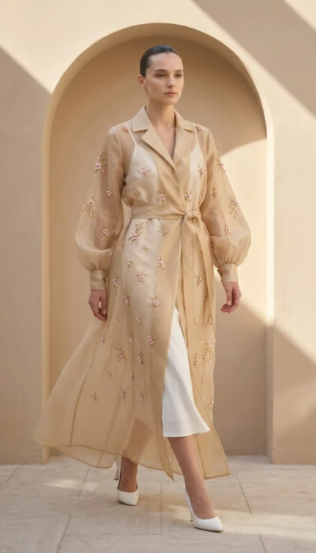 Fleuré Upper modern open abaya in sheer chiffon with pink floral embroidery, walking pose showing lightweight drape