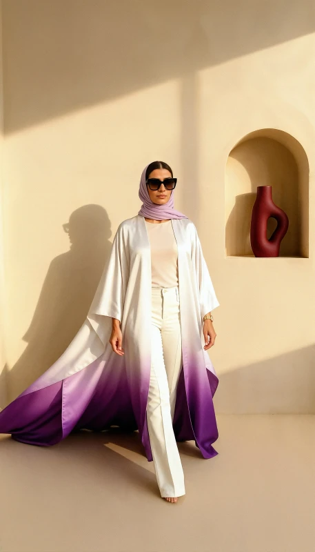 White and purple ombre silk kimono with dramatic flowing hemline Dubai