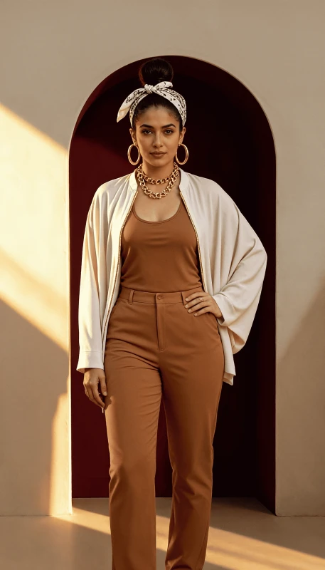 Flowing short ivory kimono styled with wide leg trousers - modern modest fashion UAE