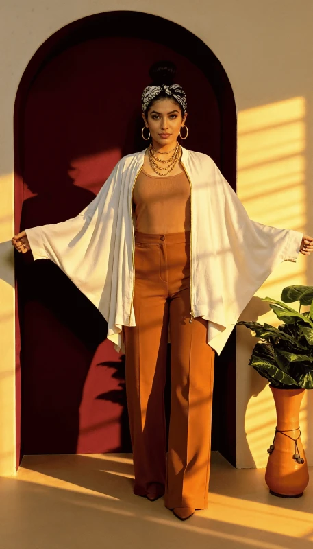 Ivory lightweight zip-front kimono layered over camel outfit - modern modest styling in Dubai