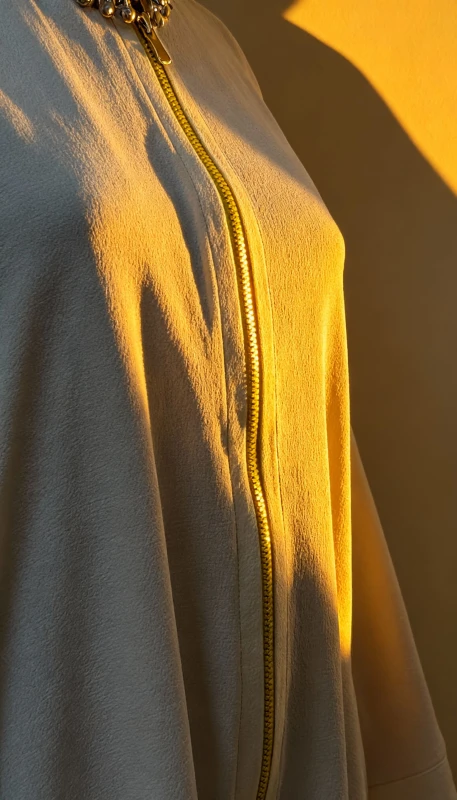 Front zip detailing on short ivory kimono - contemporary modest design