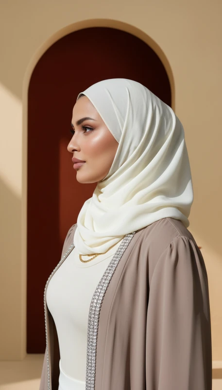 Profile view of taupe Solara kimono with soft drape and refined tailoring